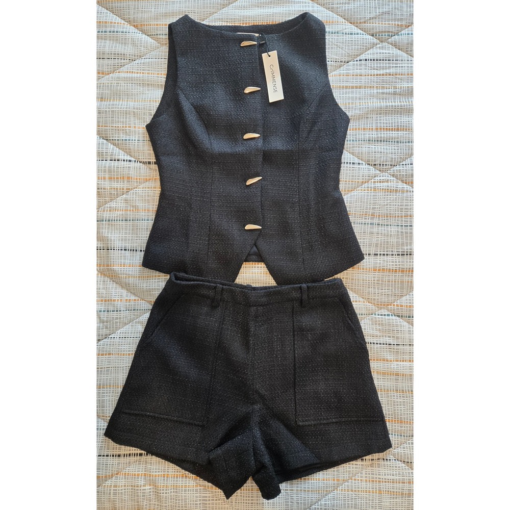 Commense Black Tweed Two Piece Set Vest and Shorts Gold Buttons Small NWT